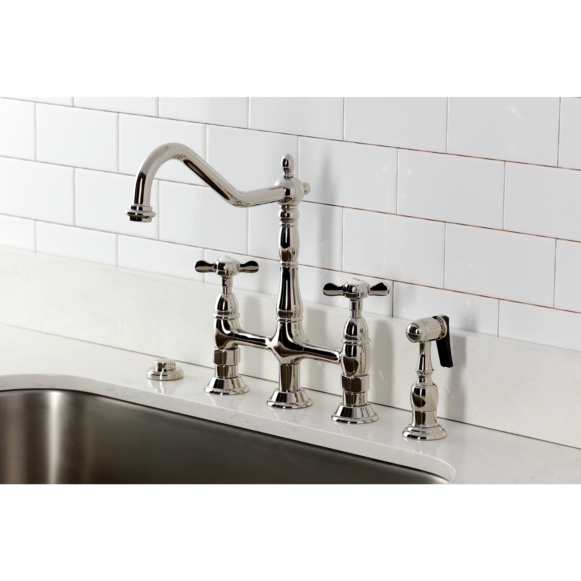 Kingston Brass KS1276BEXBS Essex Bridge Kitchen Faucet with Brass Side Sprayer, Polished Nickel