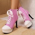 thumbnail image 3 of Rokment Stiletto Heels Platform High Top Fashion Sneakers For Women Trendy Casual Canvas Lace up Heeled Walking Pumps Ankle Boots with Side Zipper Spring Fall Winter Pink Size 7.5, 3 of 8