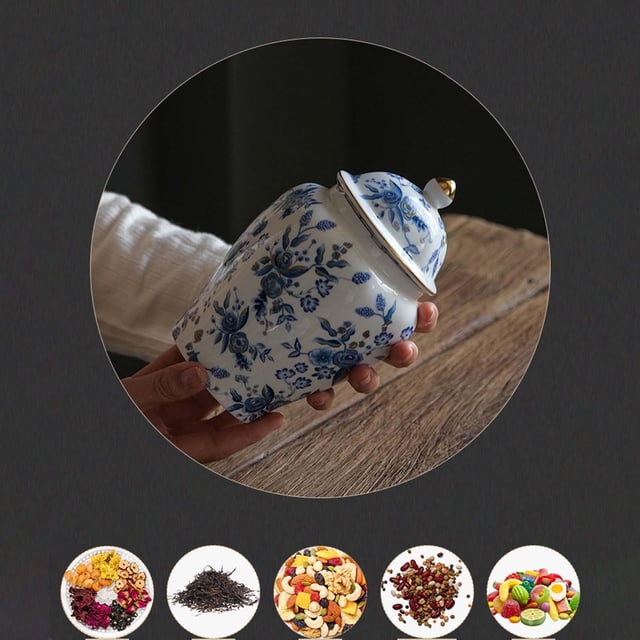 Bewildely Tarro de té de cerámica Porcelana blanca azul con tapa para comedor Oficina Boda Decoración del hogar Estilo B