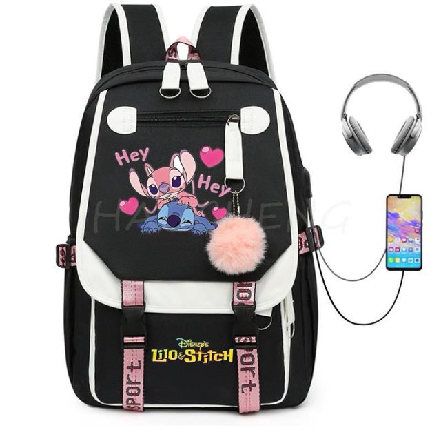 disney-mochilas escolares de lilo y stitch para niños pequeños, bolsa de viaje divertida de dibujos animados, mochilas para niños y niñas, mochilas ligeras Mochila escolar negra con estampado rosa de Lilo y Stitch y texto "Hey Hey" en la parte frontal; silueta rectangular con cierre de cremallera superior, asas acolchadas ajustables y asa de mano. Detalles verificables: bolsillo frontal con cremallera, tiras decorativas rosas con hebillas, borla pompon rosa colgante, paneles blancos contrastantes y logo "Lilo & Stitch" en la solapa. Especificaciones declaradas: interior con bolsillo para móvil y bolsillo interior con cremallera; tamaño 46 x 29 x 16 cm, capacidad 20-35 litros. Adecuada para estudiantes y viajes cortos; también apta para laptop de hasta 17 pulgadas.