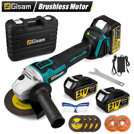 Gisam Cordless Angle Grinder Kit 21V 5 inch(125mm),10000rpm Brushless Motor, with 2x 4.0Ah Battery & 6x Cutting Grinding Wheels