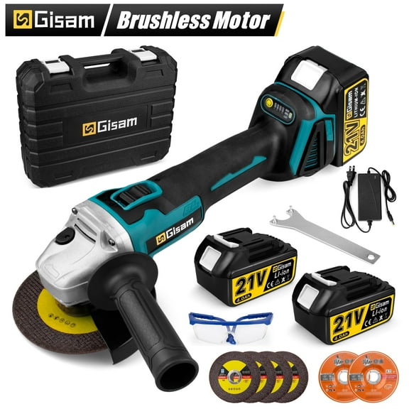 Gisam Cordless Angle Grinder Kit 21V 5 inch(125mm),10000rpm Brushless Motor, with 2x 4.0Ah Battery & 6x Cutting Grinding Wheels