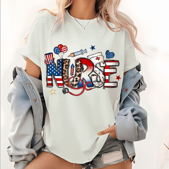 White Womans USA Flag Nurse Stethoscope Graphic Tees Print Tshirt S-5XL Shirts Tops