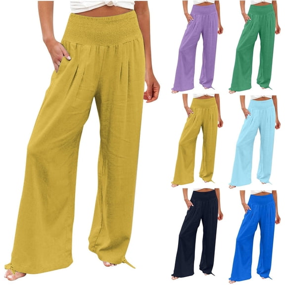 Hesxuno Women Straight Wide Leg Pants Smocked High Waist Trousers Cotton Linen Solid Palazzo Pants Boho Beach Vacation Travel Bottoms Yellow S