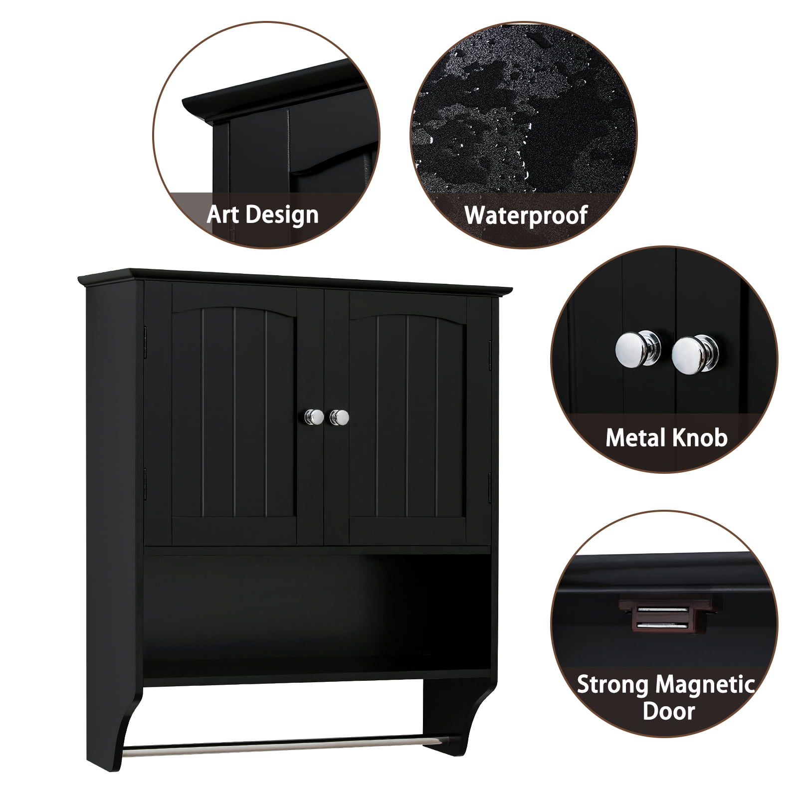IWELL Black Bathroom Wall Cabinet with 1 Adjustable Shelf & Double
