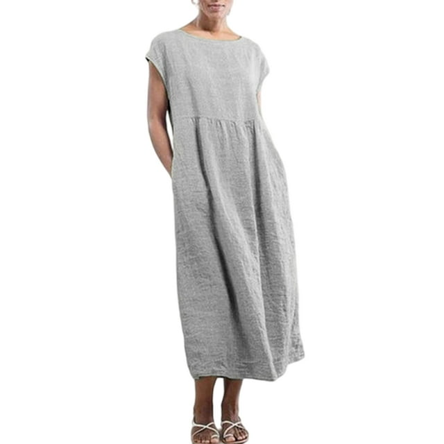 Innerwin Robes Col Rond Robe pour Femme Plage Couleur Unie Ample Robe d'Été Argent TG