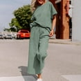 thumbnail image 4 of Women's Loose Solid Color Cotton Linen Casual Suit Drawstring High Waist Wide Leg Sweatsuit Green,L, 4 of 7