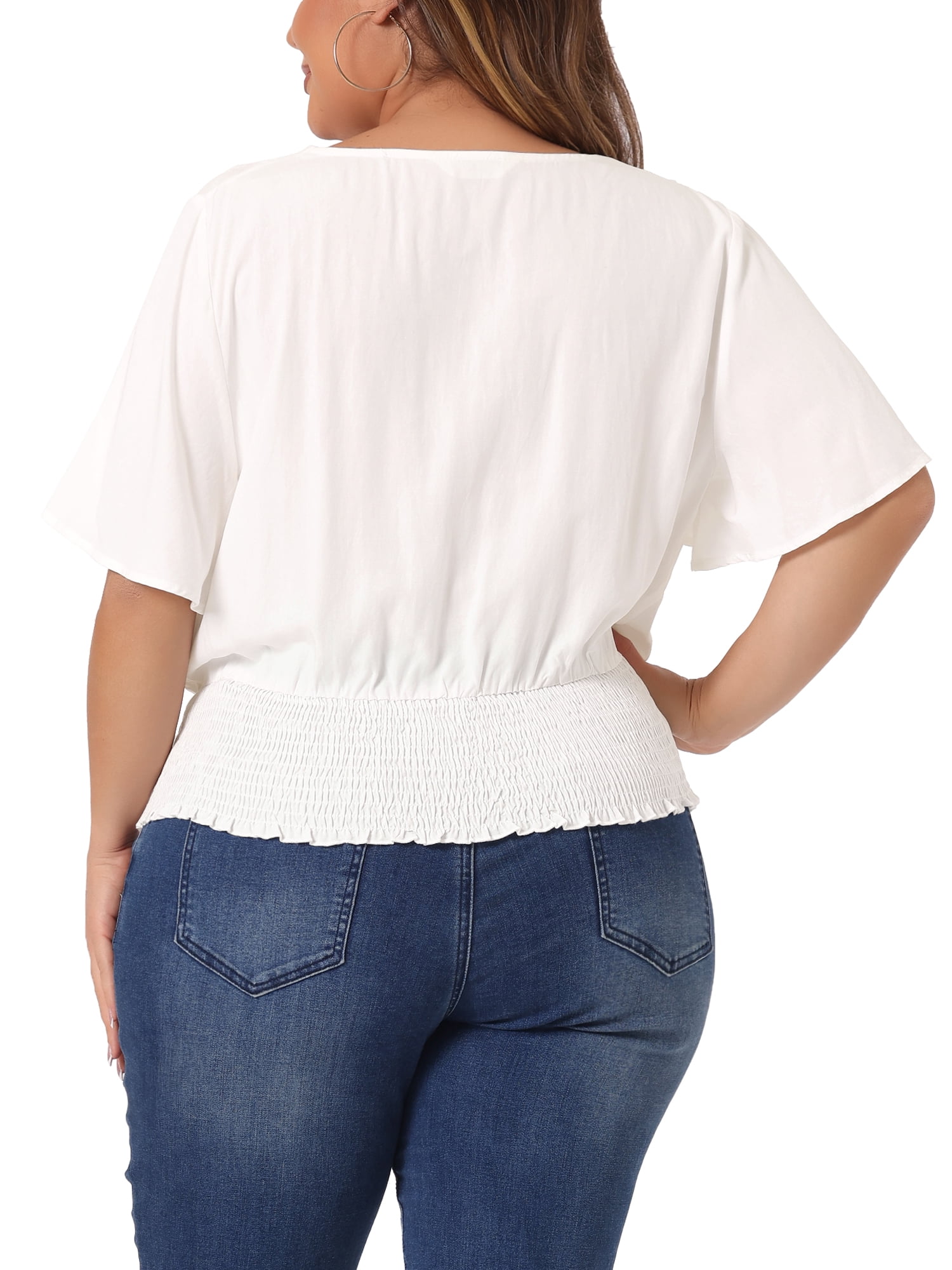 DARING DIVA Women's Plus V Neck Button Up Short Sleeve Shirred Blouse 2X White