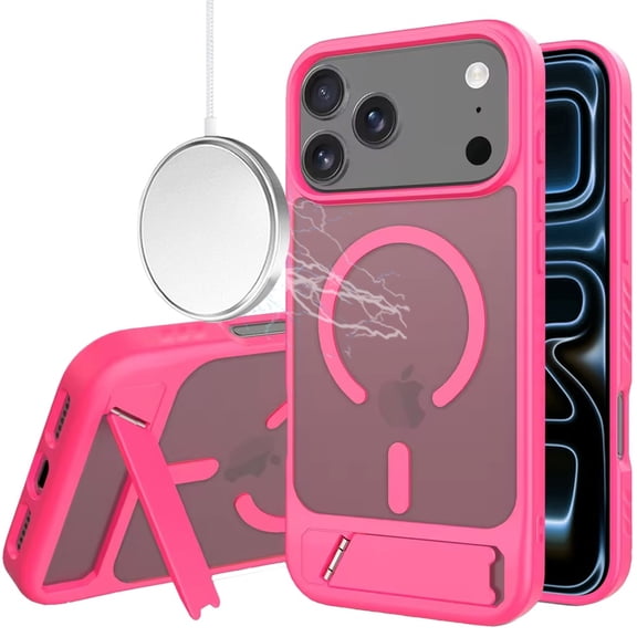 For iPhone 17 Pro Max Matte Magnetic Hybrid with Metal Kickstand Case - Hot Pink