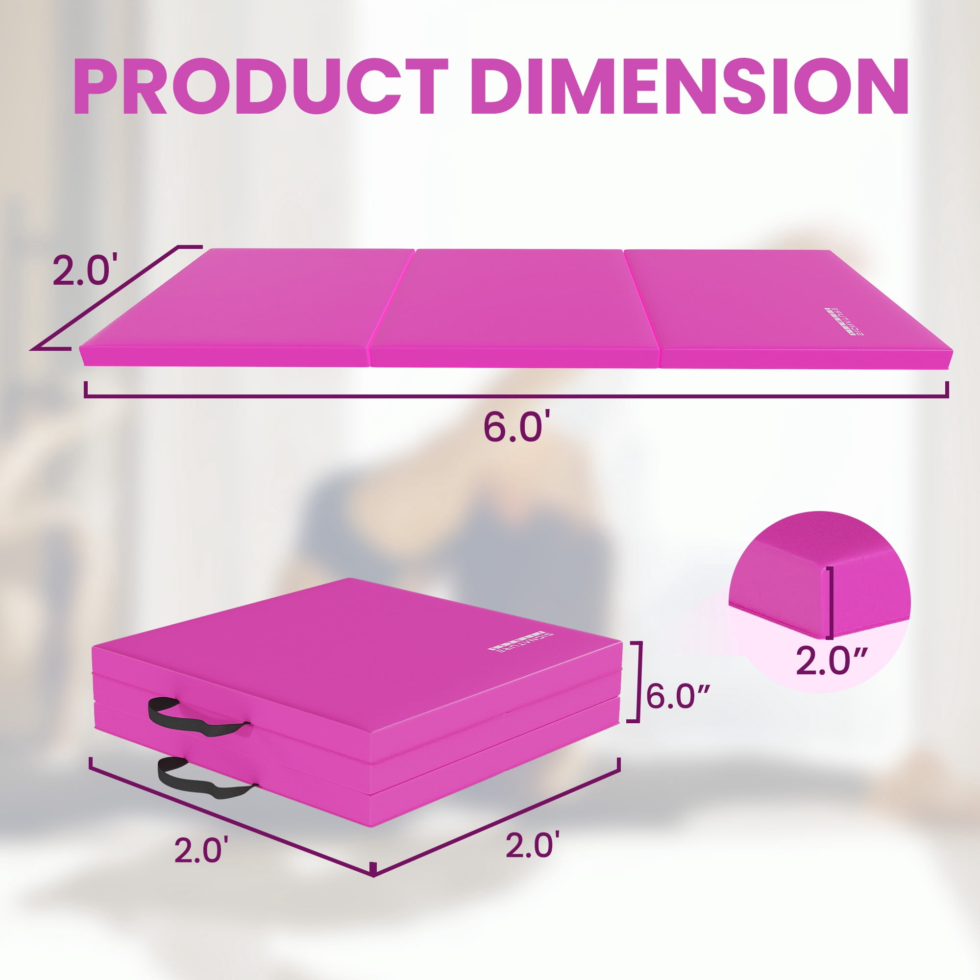 Sprint Demon Folding Exercise Mat, 2ft x 6ft Three Fold Exercise Mat with Carrying Handles for Yoga, MMA, Gymnastics and Home Gym Protective Flooring, 2-inch Thick, Pink