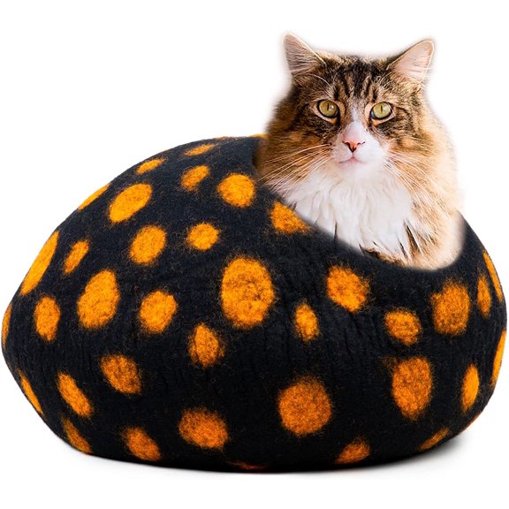Woolygon Felt Cat Bed Cave - Polka Dot Series - Wool Kitty Beds Handcrafted Kitten Caves Bed for Indoor Cats - Eco-Friendly Merino Wool, Foldable Cat Hideaway Covered Cat Houses (Yellow/Black Dots)