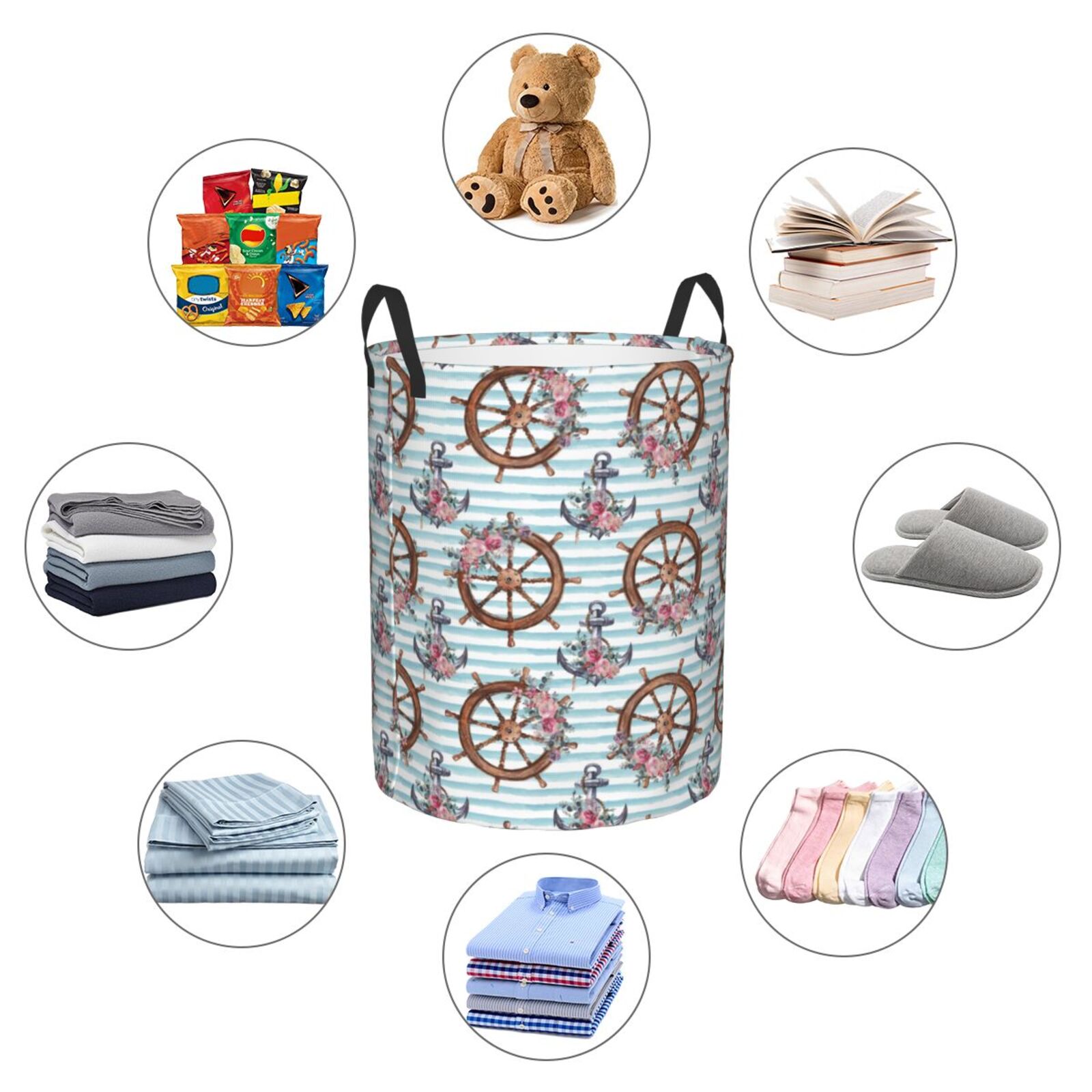 Large Laundry Basket with Handles - vintage anchor steering wheel flower Kids Baby Dirty Clothes Laundry Hamper for Bedroom Aesthetic