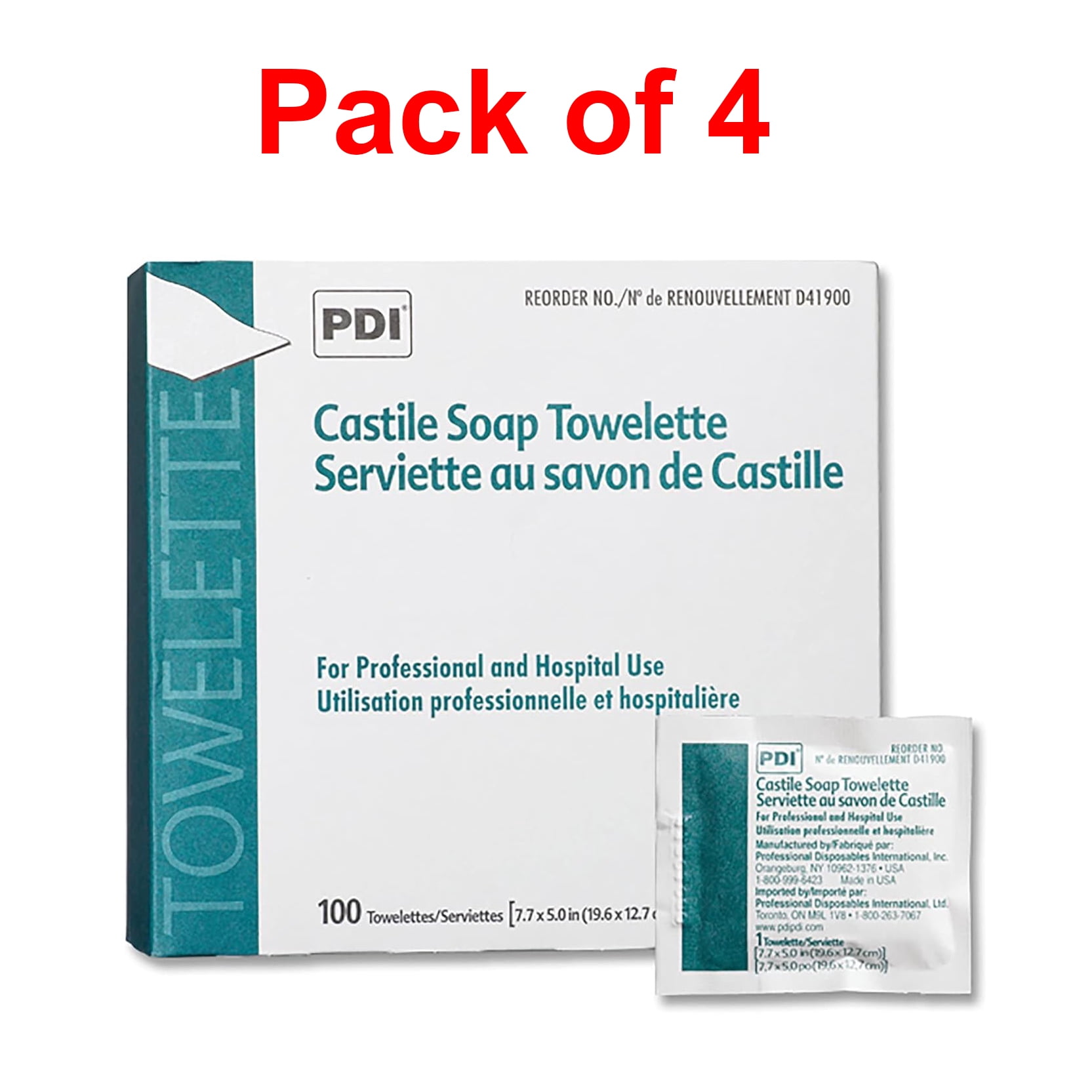 PDI Castile Soap Towelettes with Coconut Oil for Gentle Cleansing - Portable Face Wipes for All Skin Types - Premoistened Facial/ Hand/ Neck Cleansing Great for Travel - 100 Towelettes - Pack of 4