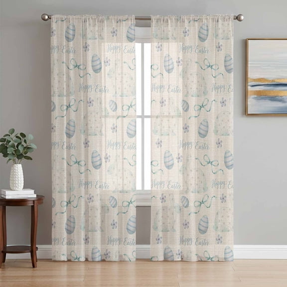 Blue Easter Sheer Curtains 84 Inch Length 2 Panels Set Window Treatments, Spring Farmhouse Vintage Bunny Eggs Beige Rod Pocket Semi Curtains for Living Room/Bedroom/Kitchen Décor, 104"W x 84"L