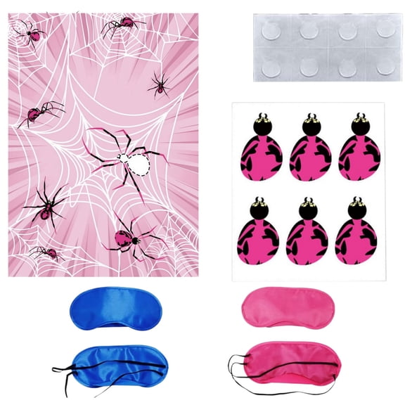 Pin The Spider Party Game - Pink Web Themed Birthday Games with 24 Stickers, 2 Blindfolds for Kids Party Supplies