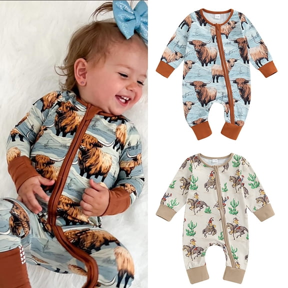Toddler Boys Sleepers Rompers Long Sleeve Western Cow Print Zip Up Romper Bodysuit For Infant Baby Jumpsuit Cute Outfits 6-12 Months