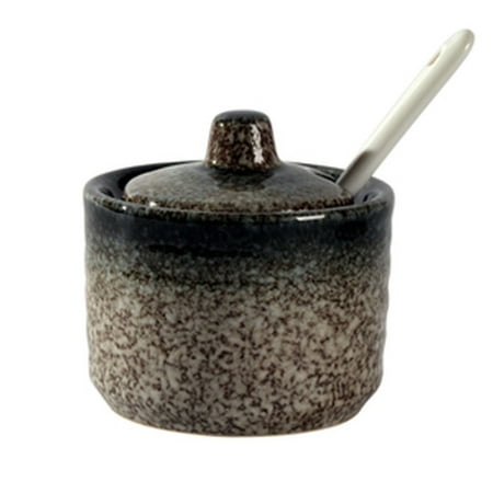 

White Small Sugar Bowl With Lid And Spoon，Seasoning Box With Spoon Spice Jars，ceramic Small Spice Jars With Base For Kitchen，Salt And Pepper Bowls-04-0.2