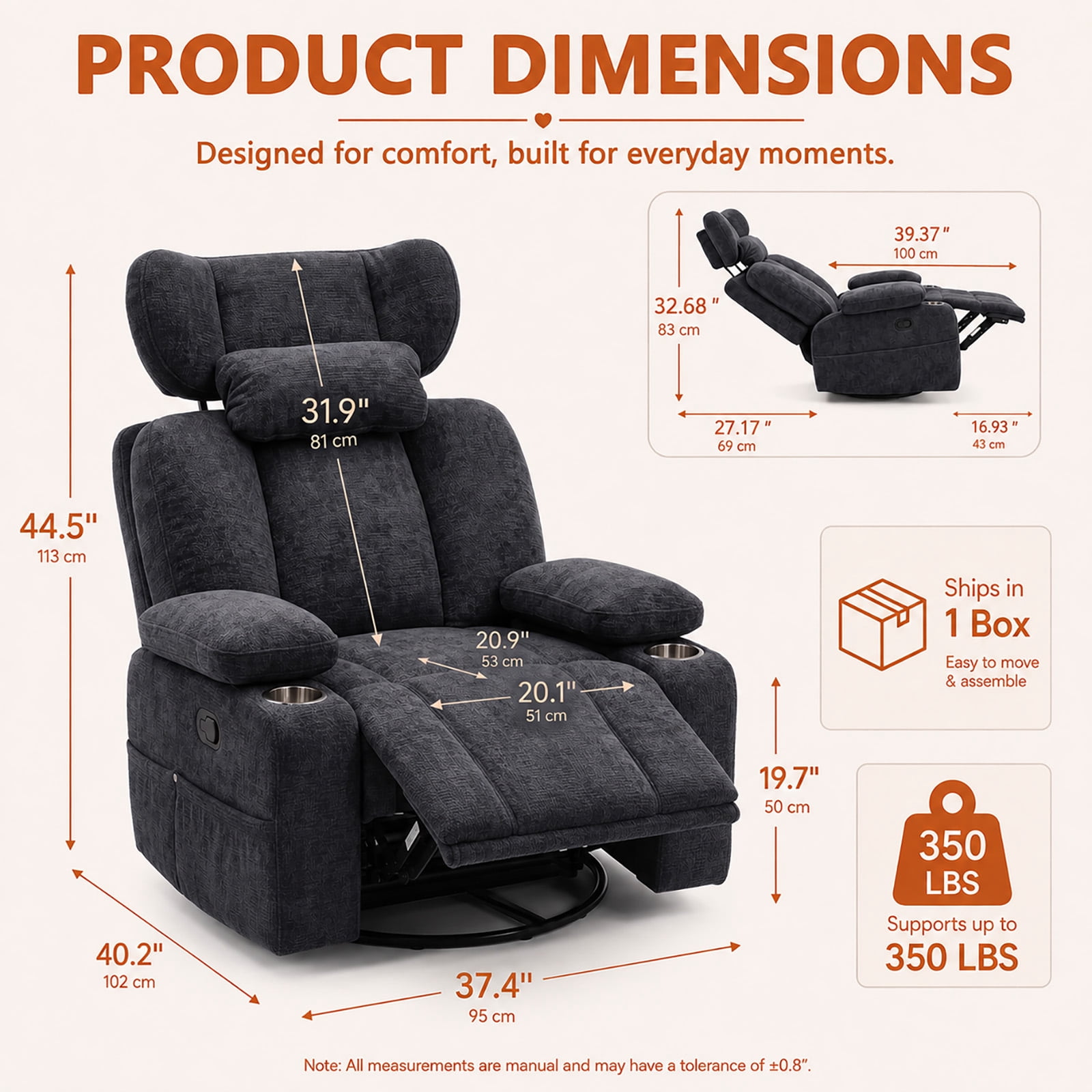 Leumius 360° Swivel Recliner Chair, Single Recliner with Adjustable Detachable Neck Pillow Ergonomic and Cup Holders, 300lbs Capacity Versatile Lounge Chair for Living Room Bedroom Home Theater