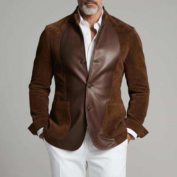 Men's Brown Faux Suede & Faux Leather Paneled Blazer, Stand Collar Slim Fit Single-Breasted Casual Sport Coat