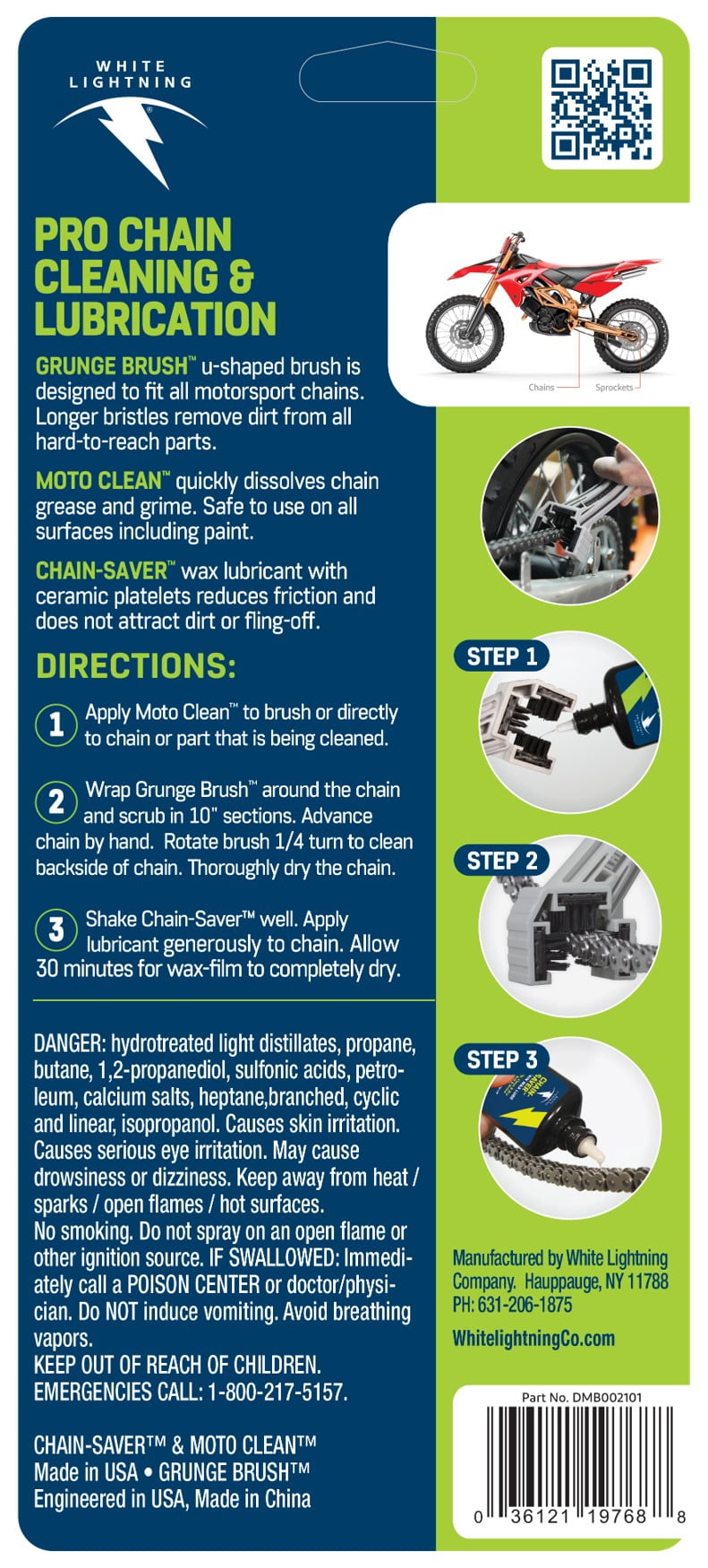 White Lightning Moto Chain Service Kit - Grunge Brush + Chain-Saver 2oz + Moto Clean 4oz for Motorcycles