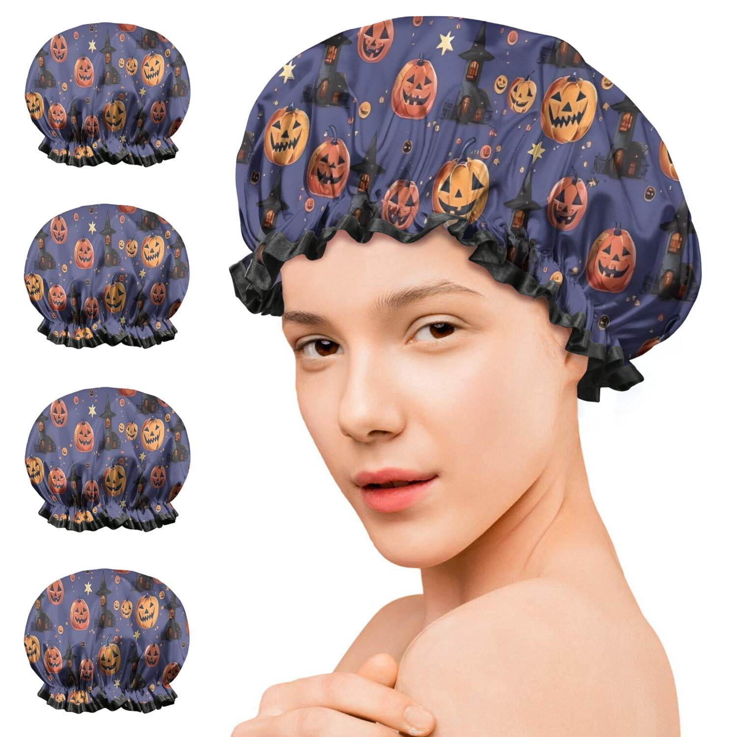 Shower Caps,Magical Pumpkin Castle Halloween Pattern Waterproof Shower Cap for Women 4 Pieces,Double Reusable Hair Cover for Shower PEVA Elastic Stretch Hem
