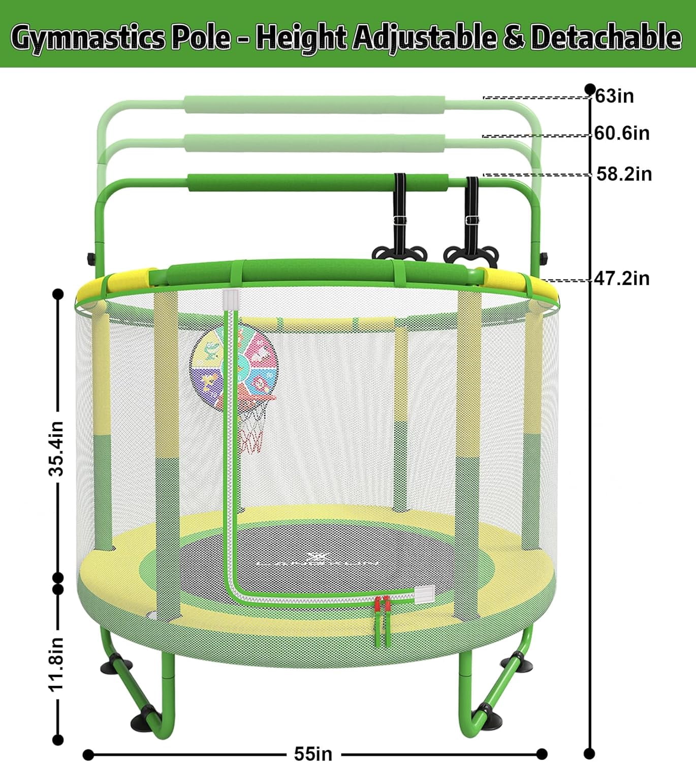 LANGXUN 6-in-1 Mini Trampoline 60" 5ft, Toddler Indoor Outdoor Trampoline with Swing, Basketball Hoop, Dart Board & Rings, Perfect Gift for Boys Girls