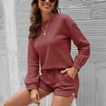 thumbnail image 2 of Conjunto de pijama para mujer, de punto, de manga larga, con top y pantalones cortos, informal, suelto, para la vida diaria, color rojo ladrillo L, 2 of 6