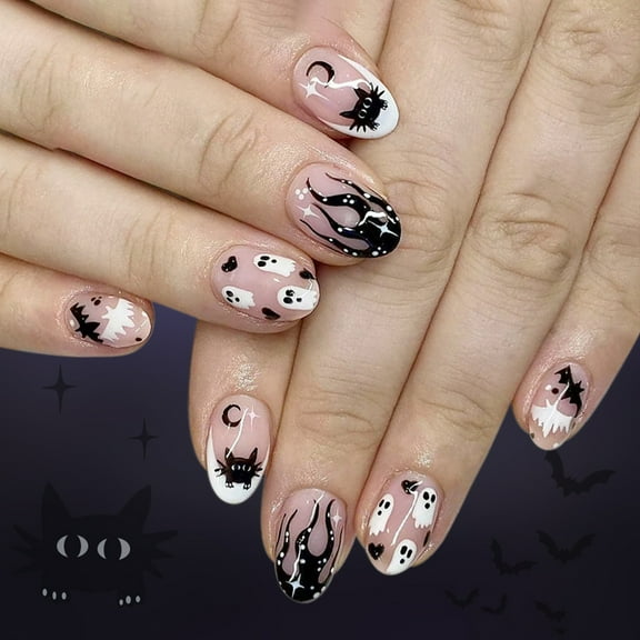 Halloween Fake Nails Almond Press on Nails Glues on Nails Bat False Nails Acrylic Nails for Diys Manicure Decorations
