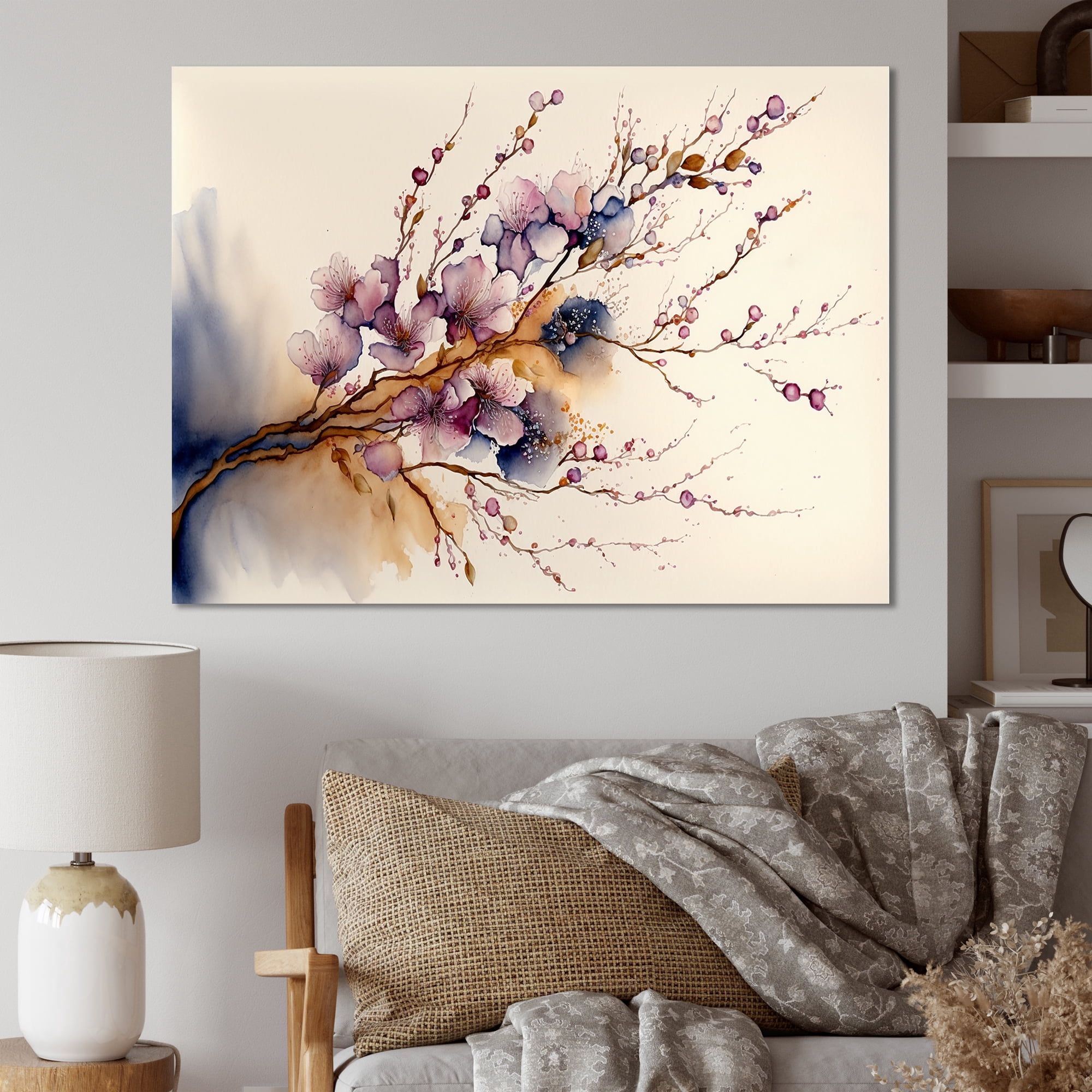 Designart Pink And Plum Cherry Blossom Branch III Canvas Wall Art