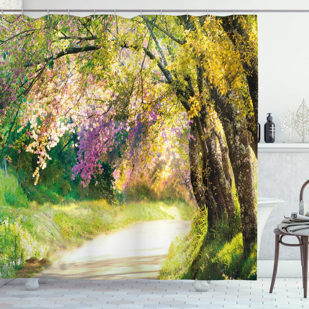 Landscape Shower Curtain, Blurry Spring Park View with Walkway Colorful