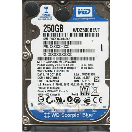WD2500BEVT-22A23T0, DCM HECTJHBB, Western Digital 250GB SATA 2.5 Hard Drive