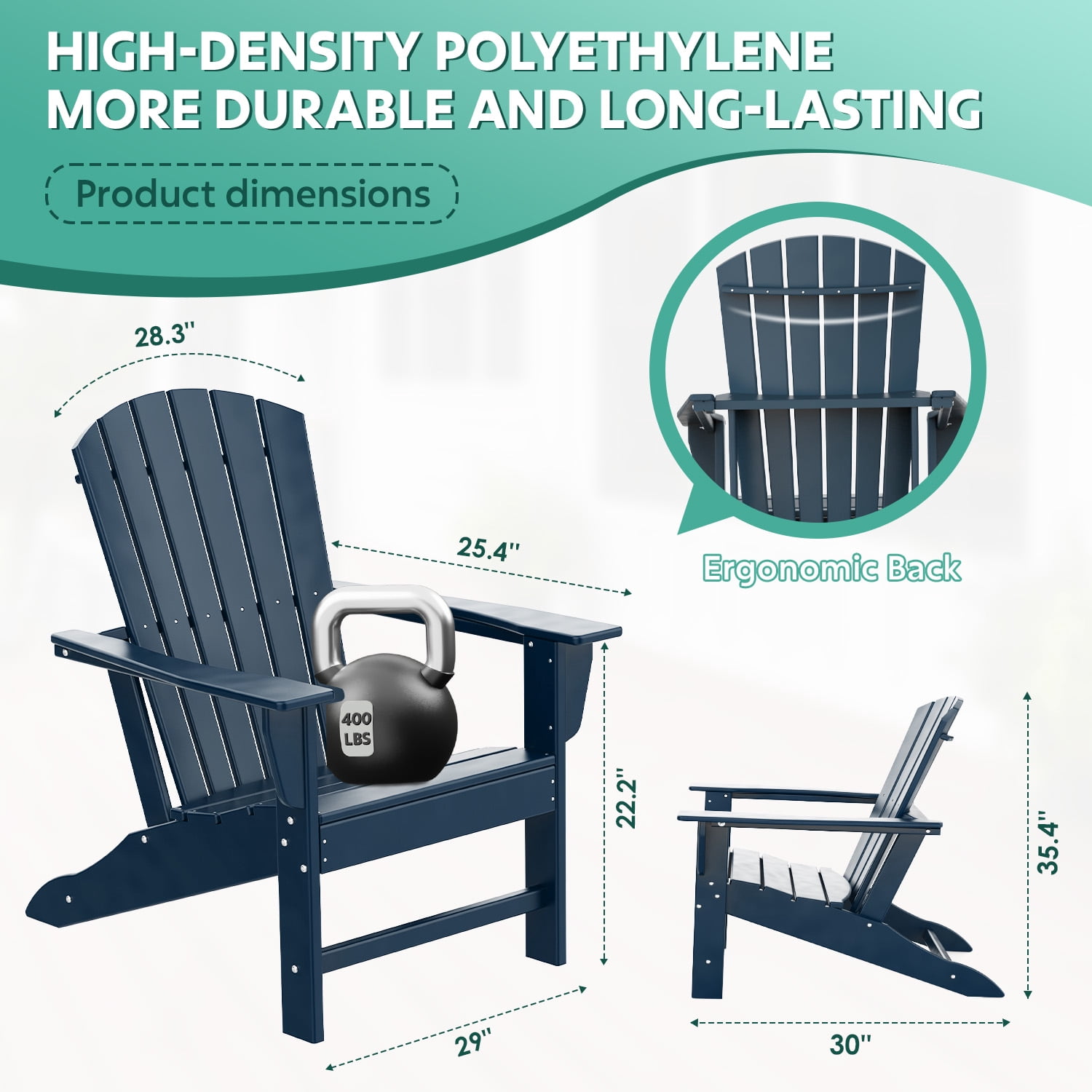 Hidpriva Set of 2 Adirondack Chairs, HDPE Weather Resistant Outdoor Chair w/ 400LBS Capacity for Patio, Garden and Fire Pit,Blue