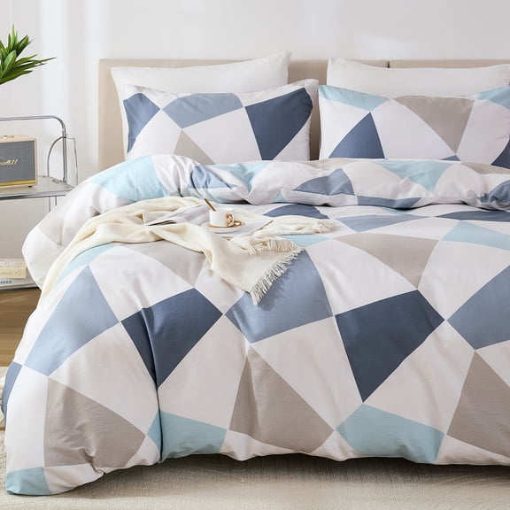 100% Cotton Duvet Cover Set – Blue Grey Nordic Triangle Bedding Set 3 Pieces, Light Soft Comforter Cover with Zipper Closure,Contemporary Neutral Abstract Bed Set