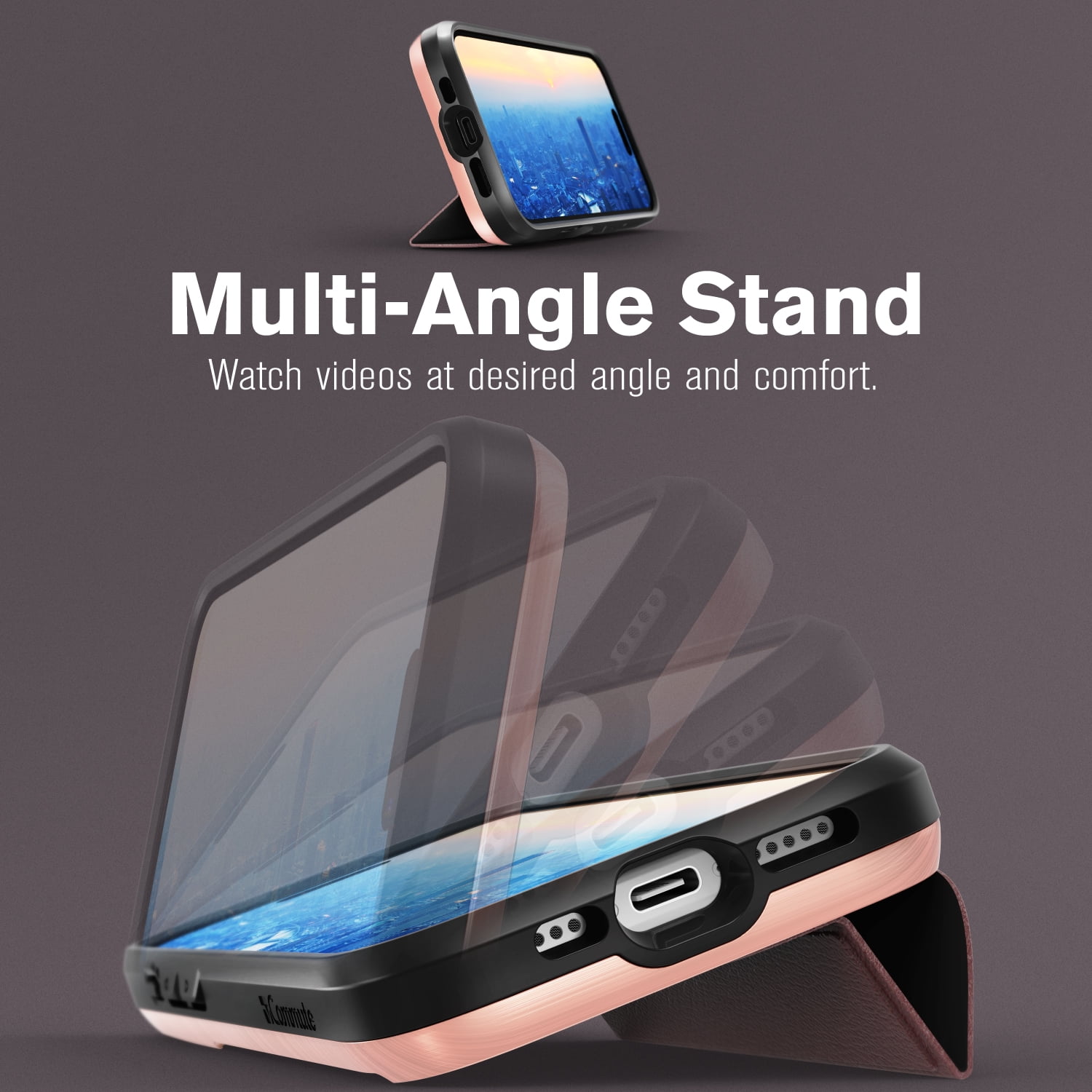 Vena vCommute Wallet Case Compatible with Apple iPhone 16 Pro (6.3"), (Military Grade Drop Protection) Flip Leather Cover Card Slot Holder with Kickstand - Rose Gold / Black