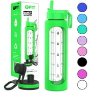 32 oz Glass Water Bottle with Time Marker Reminder and Silicone Sleeve +EXTRA LID - Reusable, Wide Mouth, Leakproof, Glass Drinking Bottle, BPA Free, Motivational Water Bottles for Hydration (Lime)