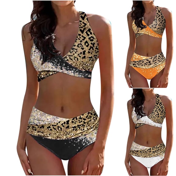 HAPIMO 2Pc Bikini Swimsuit Sleeveless Bathing Suit Women's Split Bikini Print Beach Leopard Beachwear Swimwear Tropical Hawaii Hot Spring Beach Dress Clearance Black L