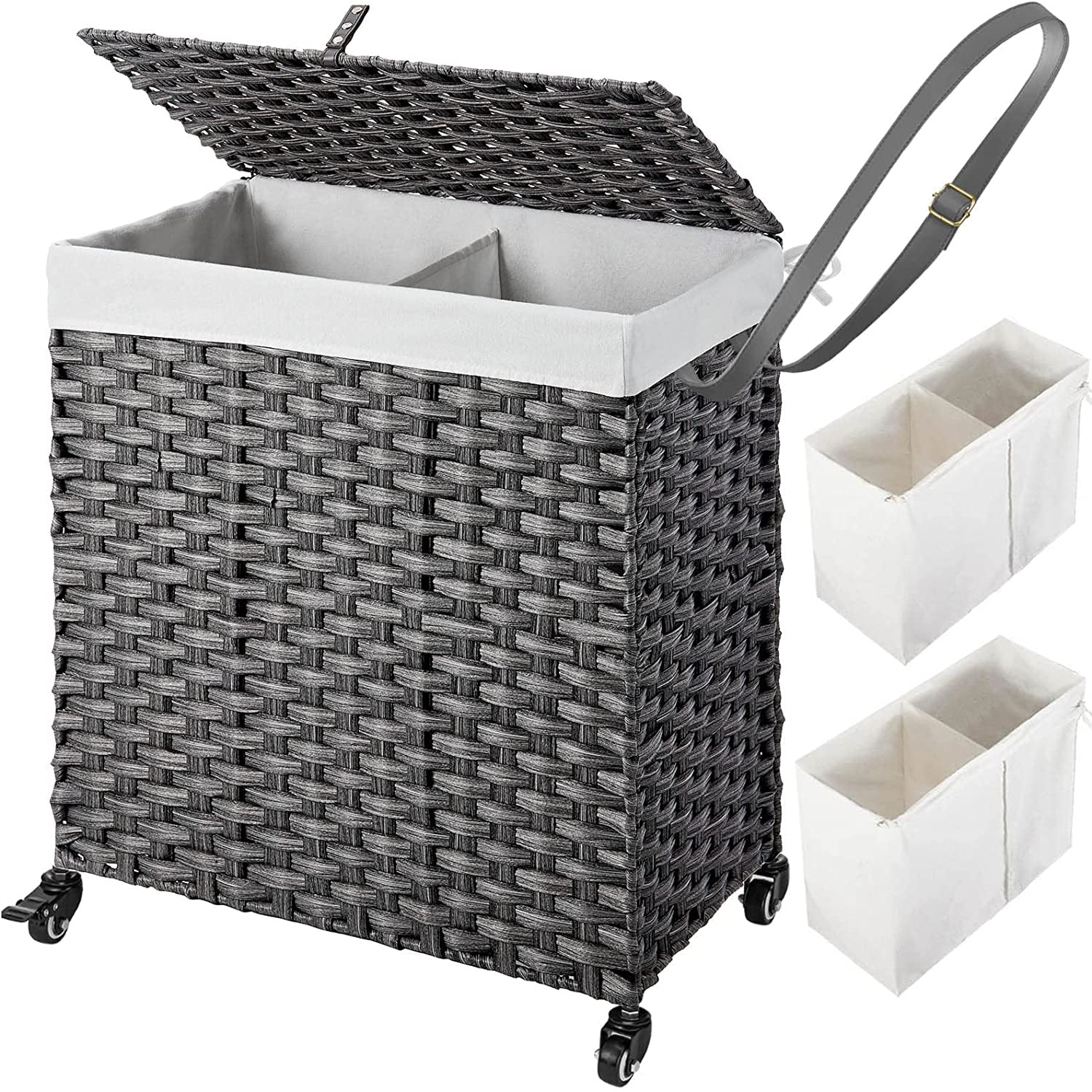 Laundry Hamper with Wheels, No Install Needed, 110L Divided Handwoven