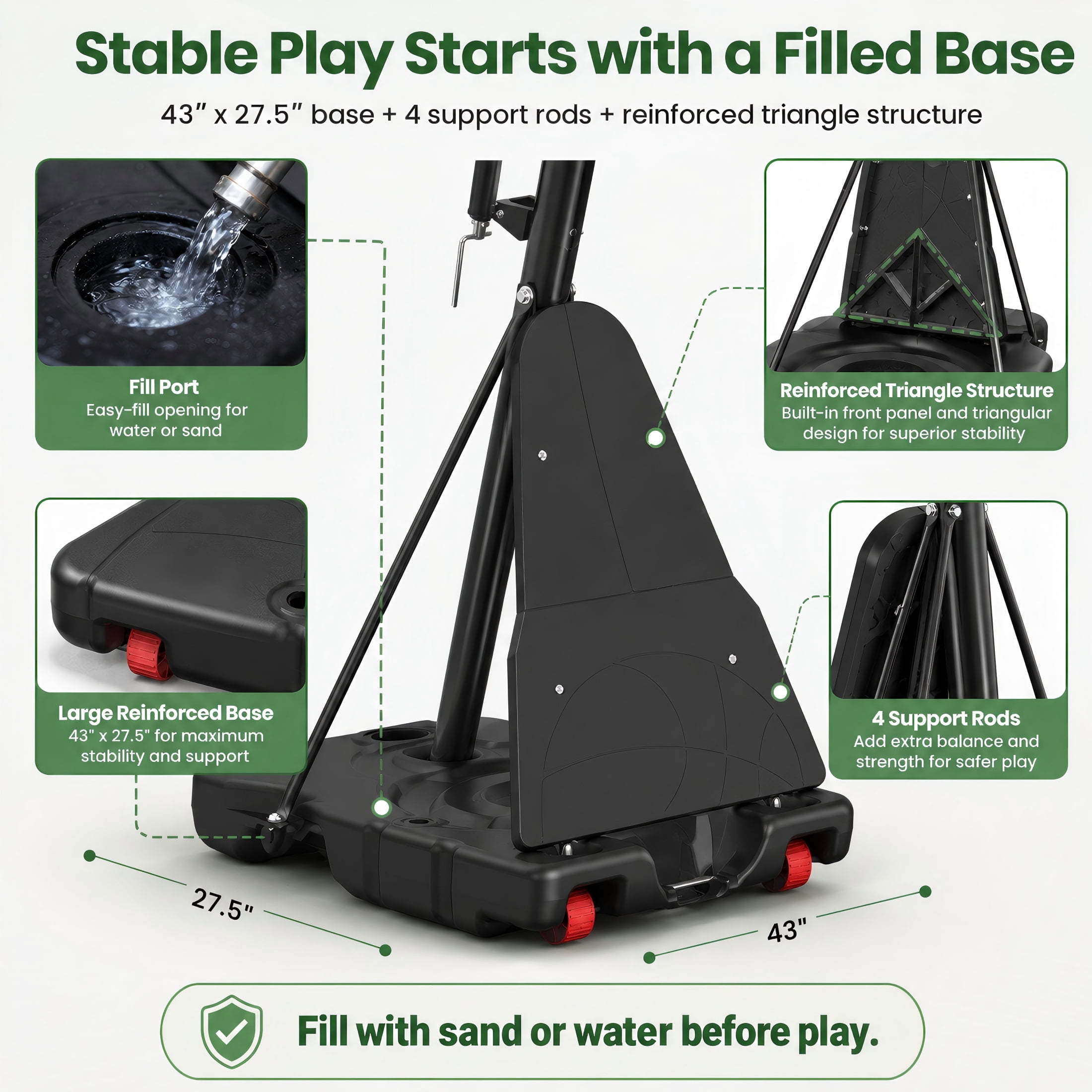 GVDV Portable Basketball Hoop with 44" Shatterproof Backboard, Adjustable Height 4.5-10 ft for Kids, Teens & Adults, Indoor and Outdoor Use​