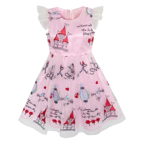 Girls Dress Pink Cartoon Castle Princess Party Tulle Dress 4