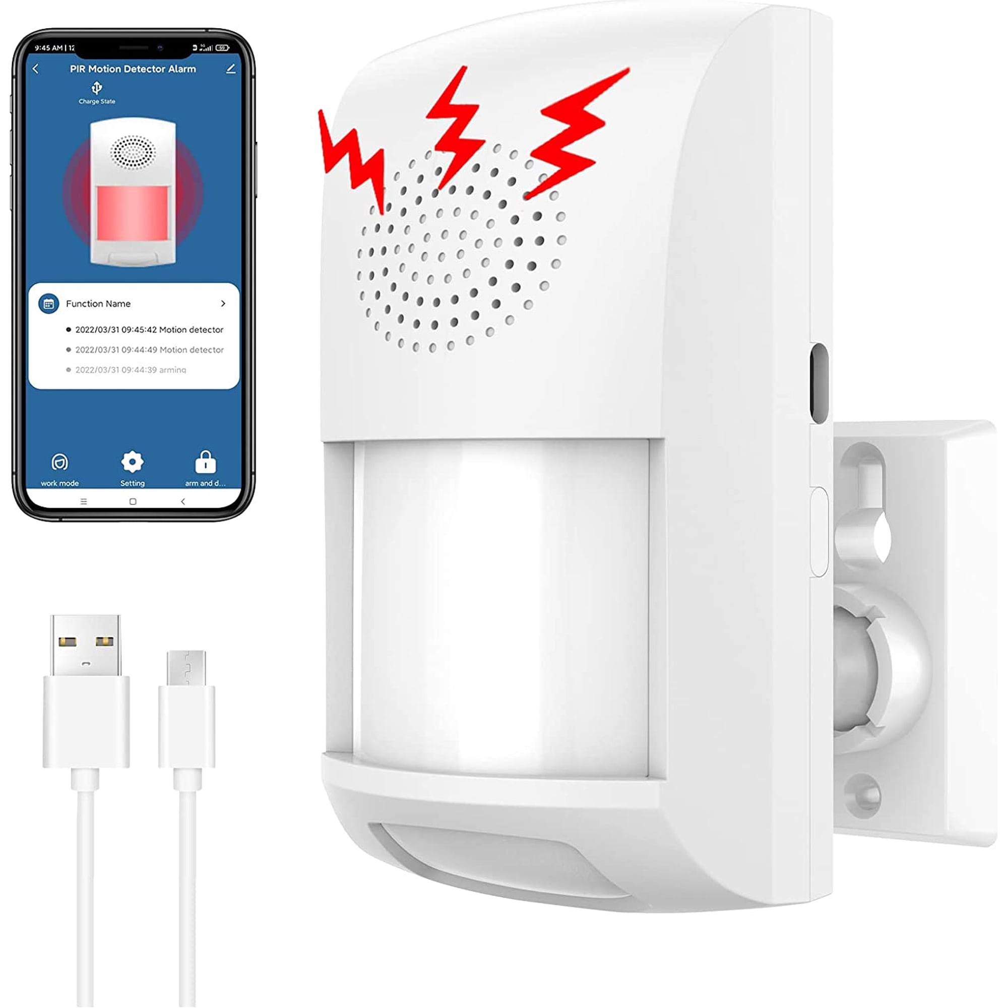 Upgraded Smart WiFi Motion Sensor Detector Alarm Indoor with Siren, Phone App, USB Power, Alert Recording, Scheduled Working Times - Infrared Motion Sensor Alarm for Home Garage