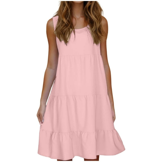 yoeyez Robe d'Été Fluide pour Femme Décontractée Sans Manches Mini Robe Débardeur Confortable Ample Robe de Plage avec Poches Rose,m