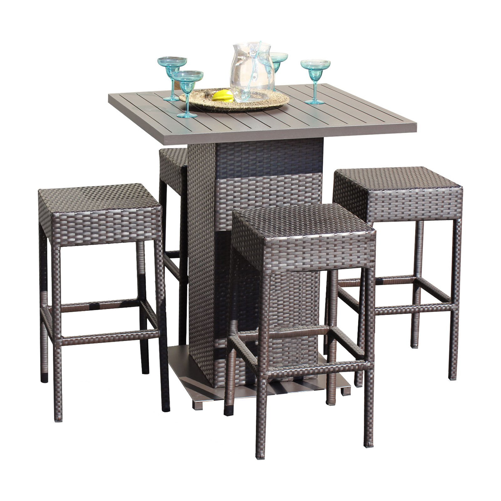 Espresso TK Classics WITHBACK-4 Barbados Pub Table Set with Barstools 5 Piece Outdoor Wicker Patio Bar Furniture 