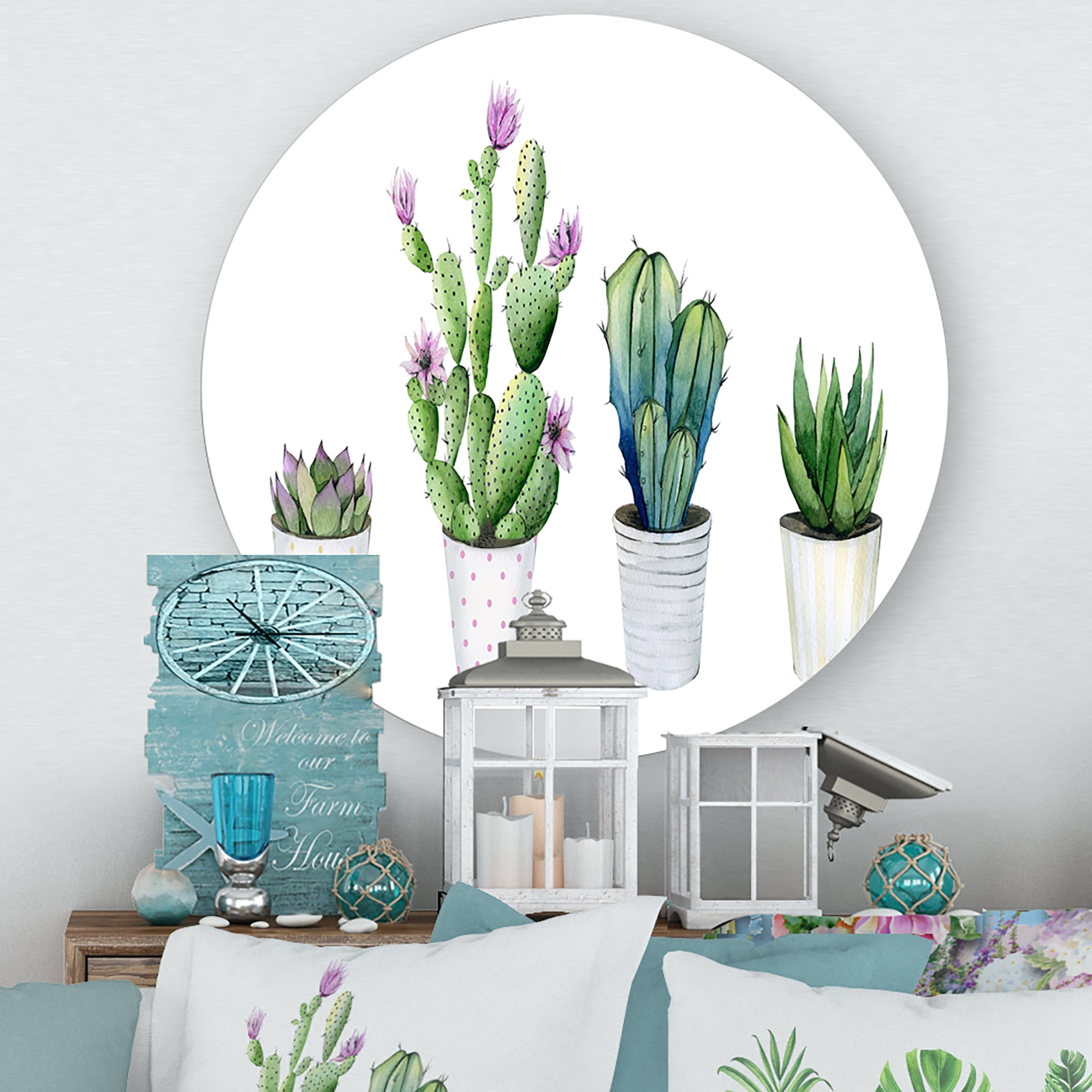 Designart 'Aloe Vera Cactus Succulent Home Plants In The Pots' Farmhouse Circle Metal Wall Art 23x23 - Disc of 23