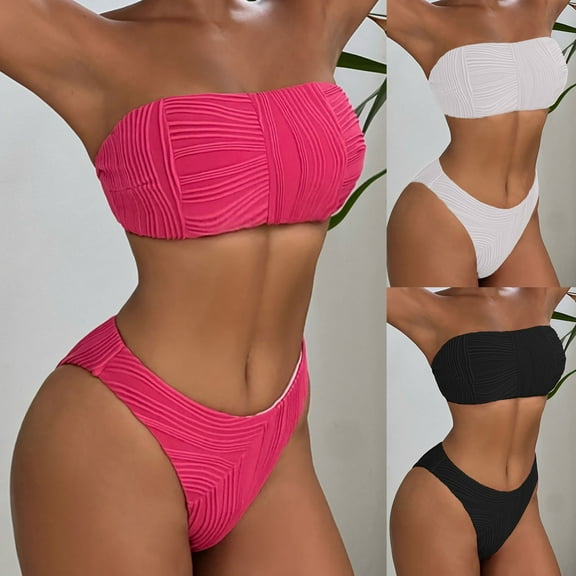 HAPIMO Women's 2Pc Bikini Sets Cutout Soild Color Summer Beach Strapless High Cut Tropical Hawaii Swimsuit Trendy Bikini Black L