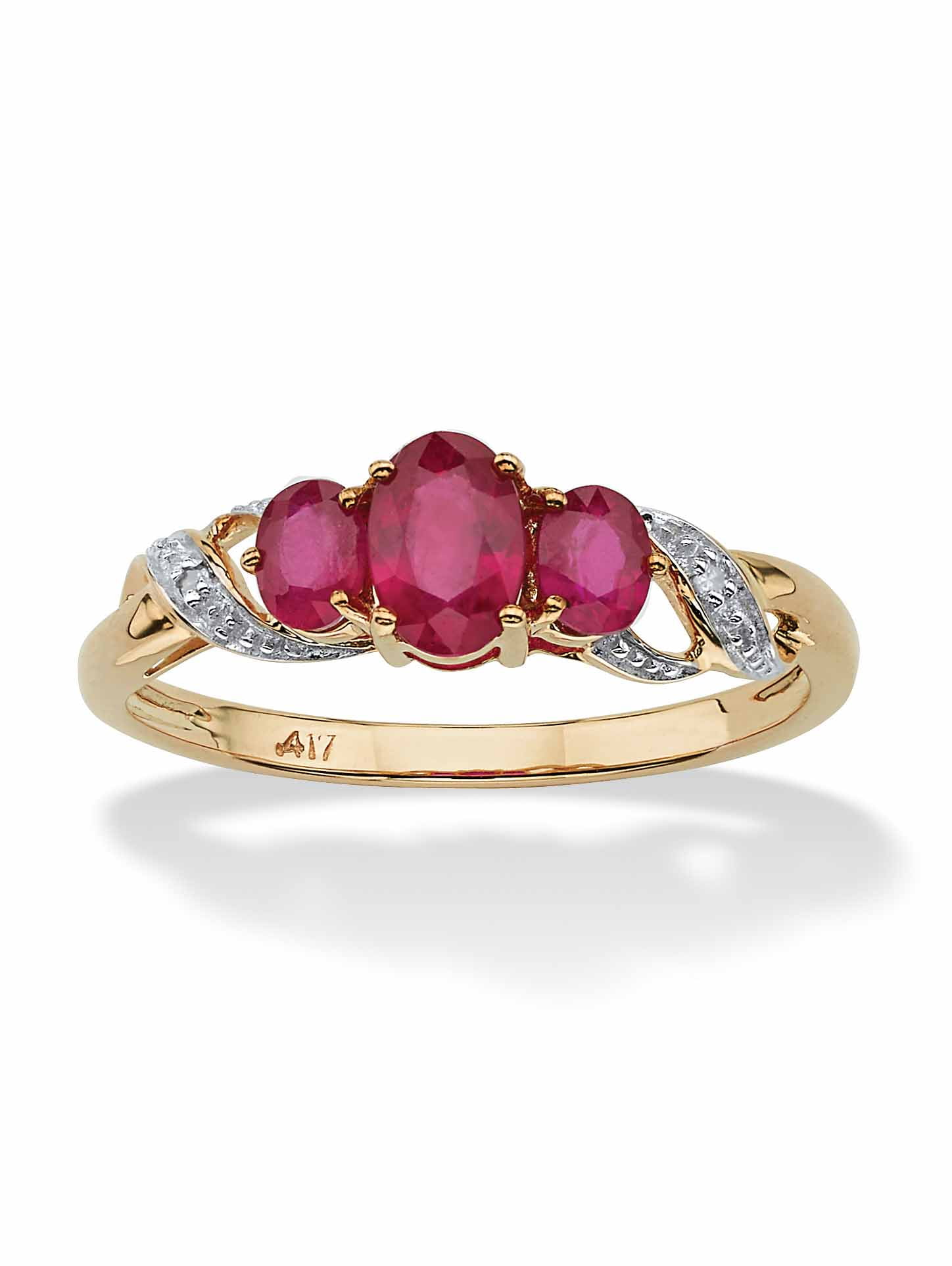 1 TCW Oval-Cut Ruby and Diamond Accent Three Stone Ring in 10k Gold