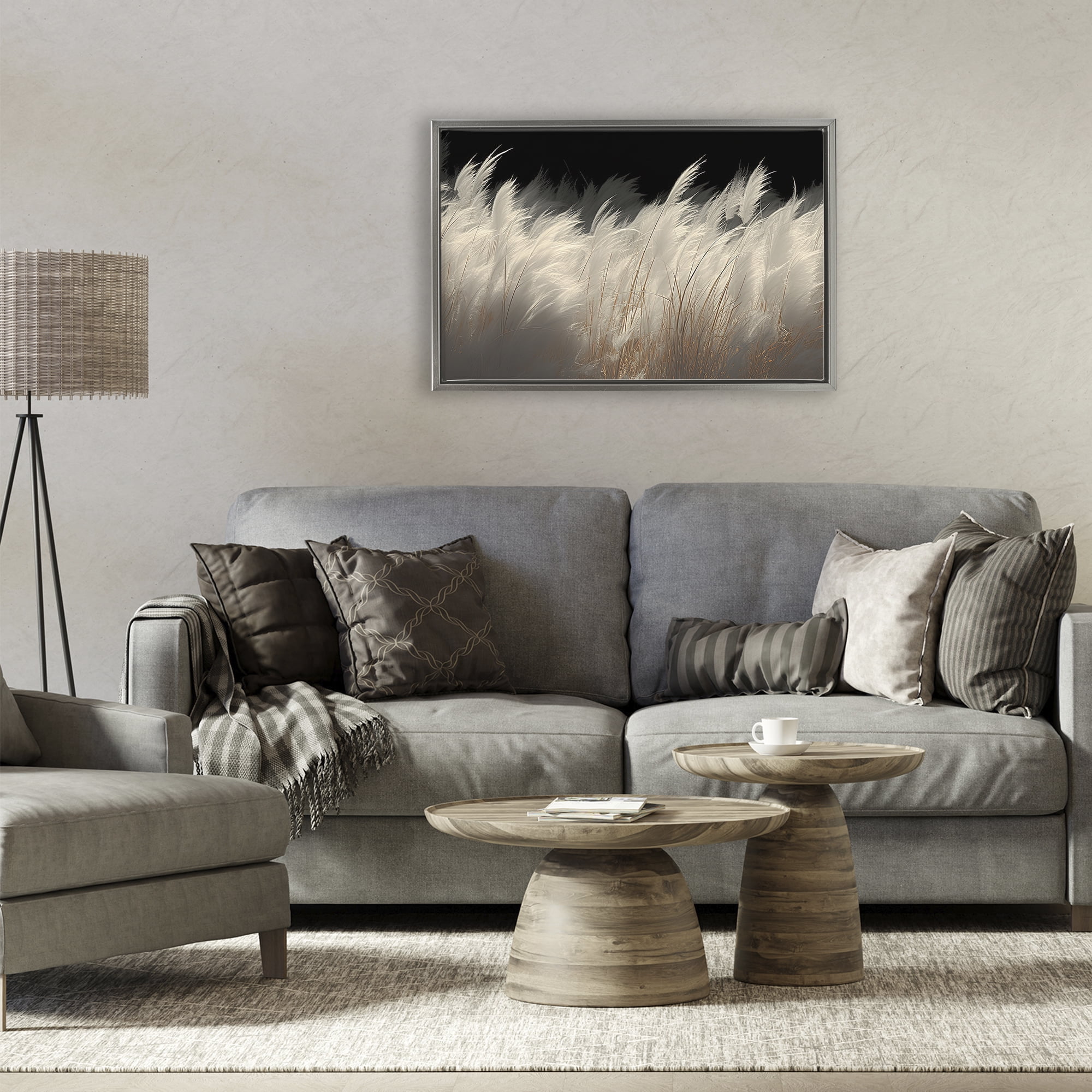 White Feathers Windblown Grasses Gray Framed Floater Canvas Wall Art, design by Decent Exposures