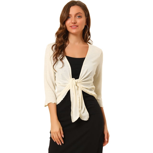 Cárdigans Con Hombros Descubiertos Y Frente Abierto Para Mujer Cárdigan Ligero De Manga 3/4 Con Lazo Albaricoque L Unique Bargains Cárdigans