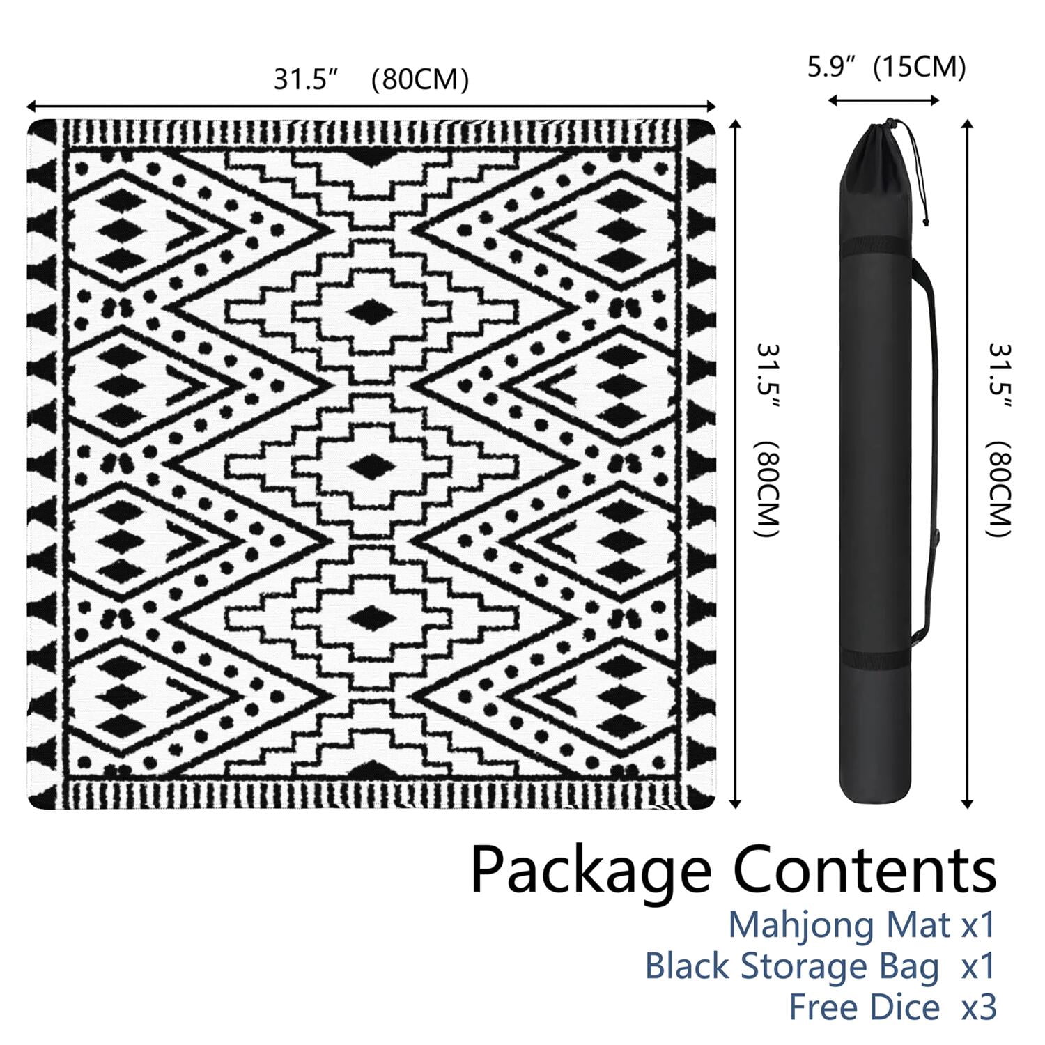 Boho Pattern Large Rubber Game Table Topper 31.5 Inch Square Mahjong Mat with Non-Skid Bottom for Stability and Noise Reduction for Tiles and Cards