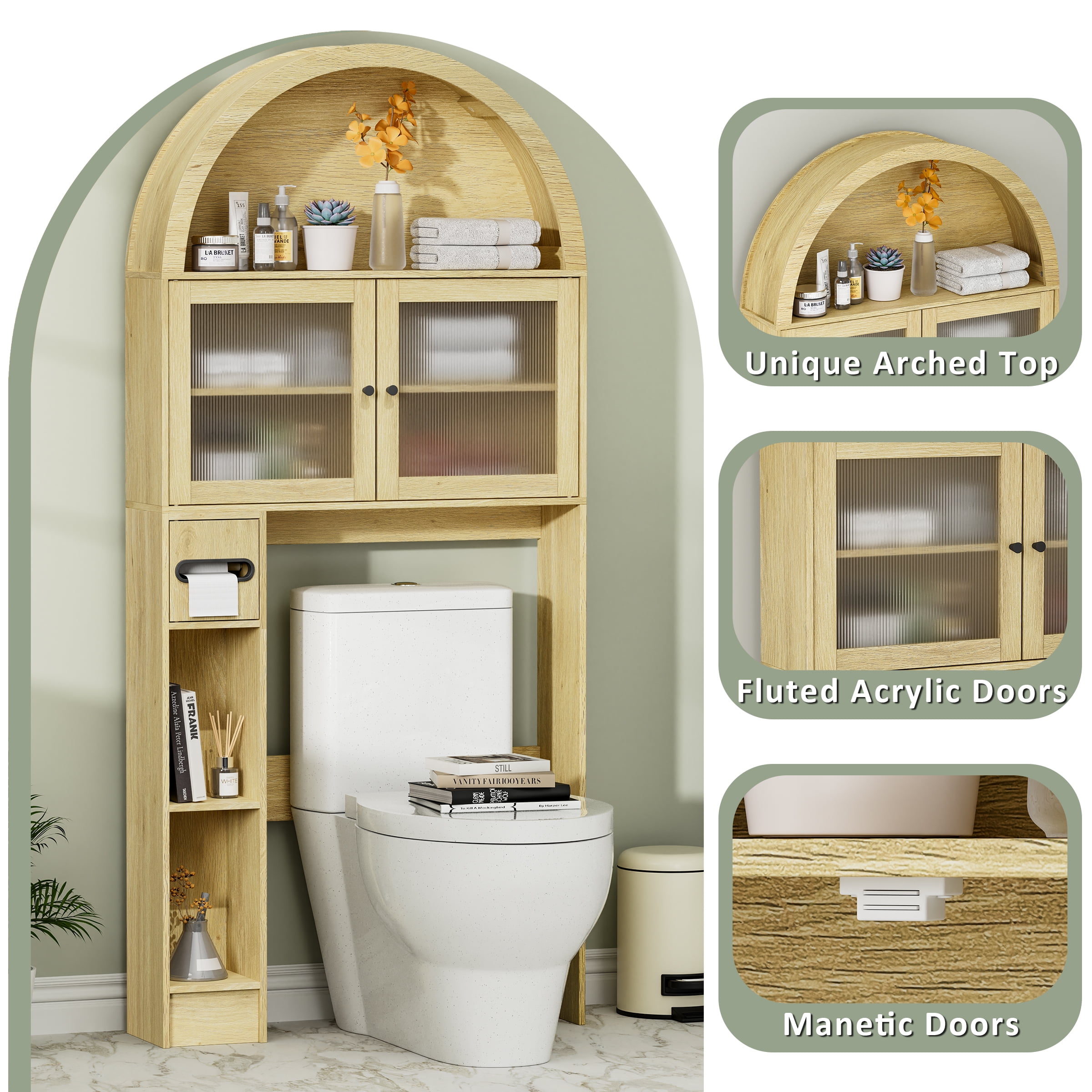 Over The Toilet Storage Cabinet, Over Toilet Cabinet 3-Tier Adjustable Shelves with Acrylic Doors, Freestanding Bathroom Organizer for Toiletries & Towels, Modern Arched Design Oak Wood