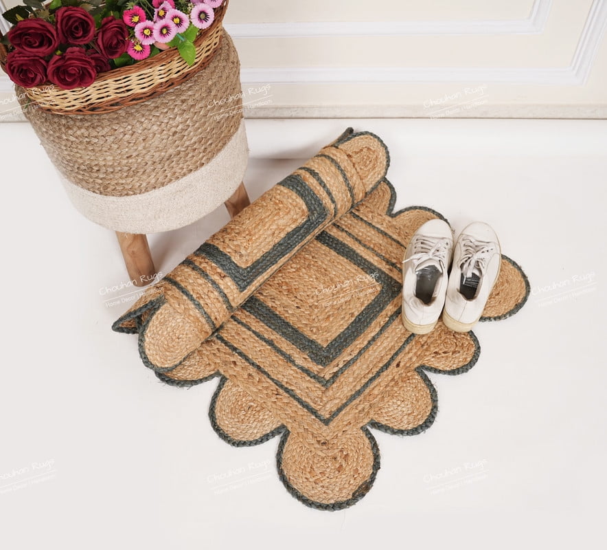 Hand Braided Beige and Grey Color Scalloped Area Rug Rectangle Rug Natural Jute Rug